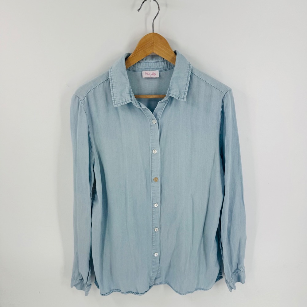 Pink Lily Light Wash Chambray Shirt Paisley‎ Bandana Back Size S Western Cowgirl